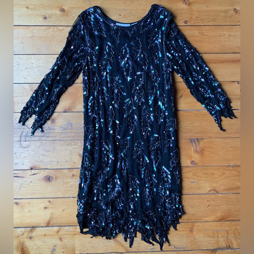 1980s "Greg Adams" 100 percent silk hand sequined cocktail dress